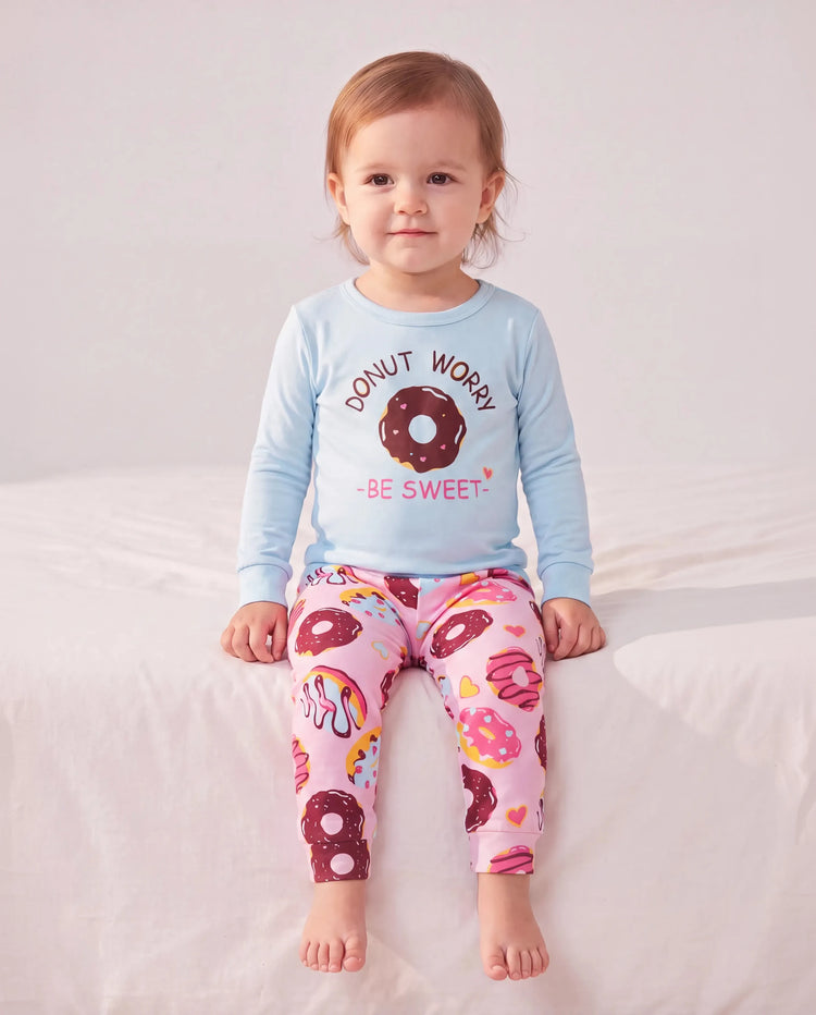 Pyjama 4 pièces en coton biologique pour tout-petits/enfants, ensemble 4 en 1 coupe ajustée pour filles, bleu clair
