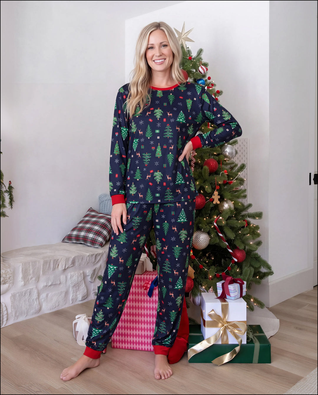 Christmas Matching Family Pajamas Xmas Tree Print Navy