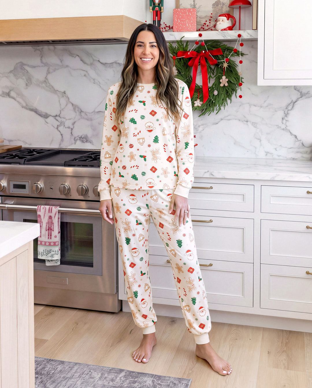 Pijamas navideños a juego para toda la familia con estampado de muñecos de jengibre y árboles de Navidad, algodón