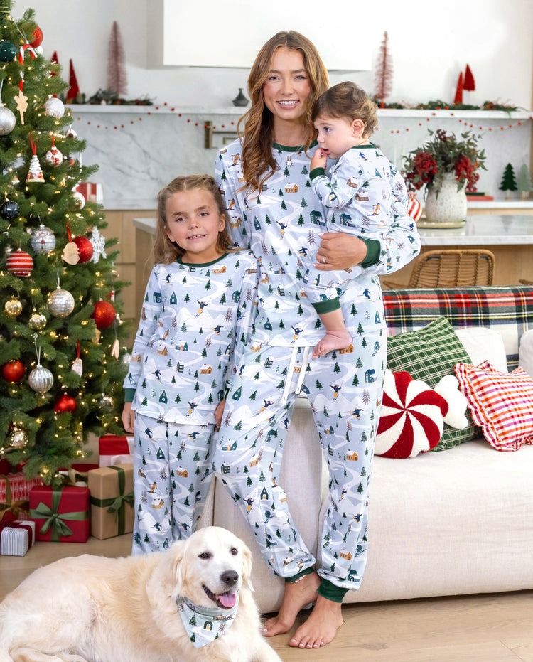 Pijamas navideños a juego para toda la familia, estampado de pueblo navideño, verde, pijamas navideños