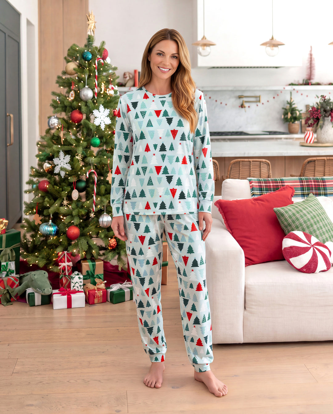 Pyjamas assortis pour toute la famille de Noël, motif sapin de Noël bleu