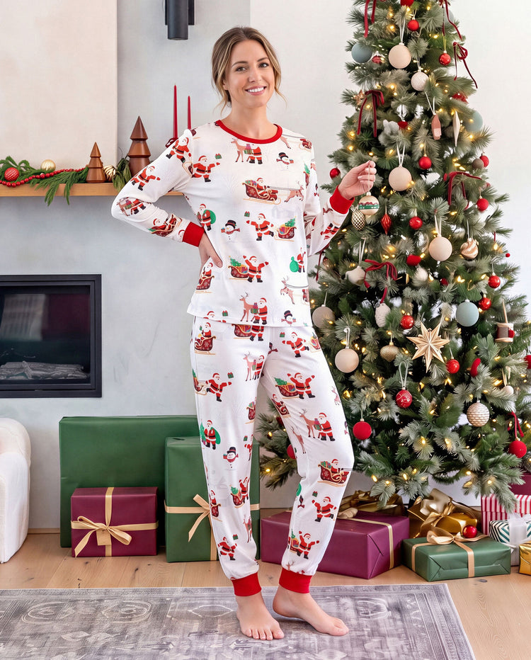 PatPat Family Matching Christmas Pajamas Reindeer & Santa Claus Print White Plus Size RED/WHITE