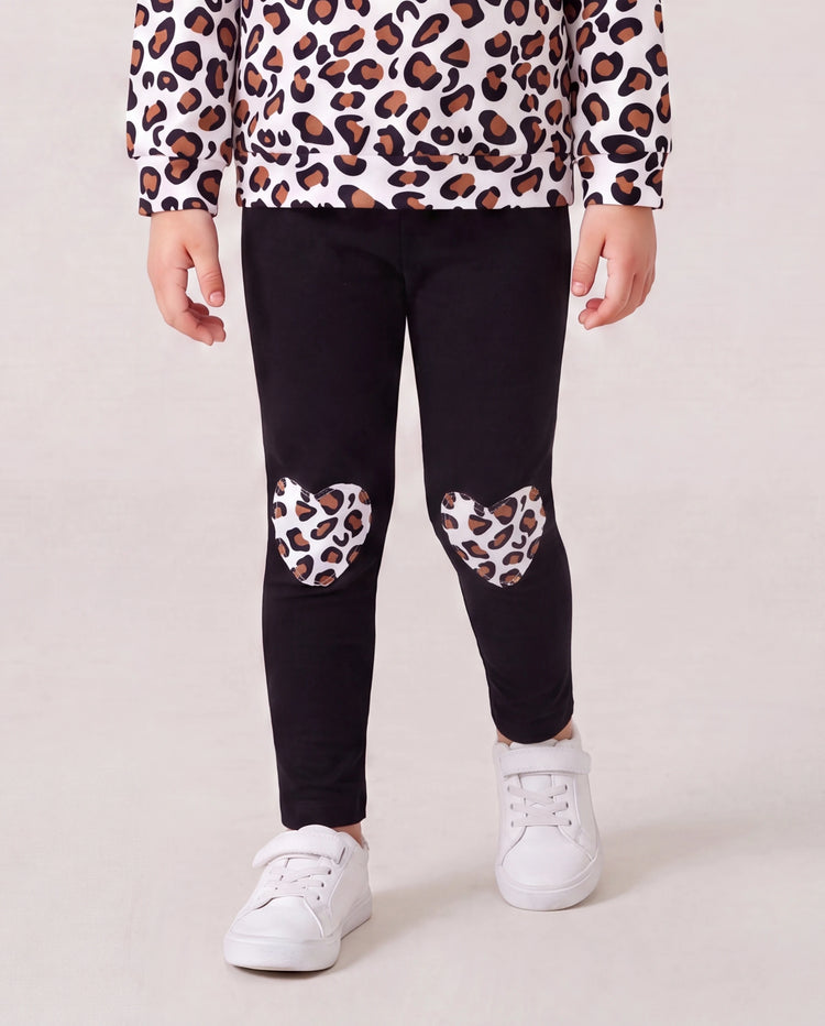 2-piece Toddler Girl Leopard Print Flutter Long-sleeve Top and Heart Pattern Pants Set Black