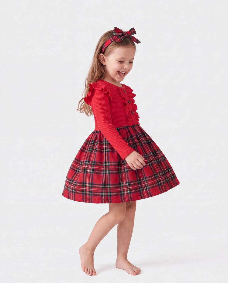 Weihnachten Kleinkind Mädchen Gitterdruck Rüschenkleid mit Stirnband rot