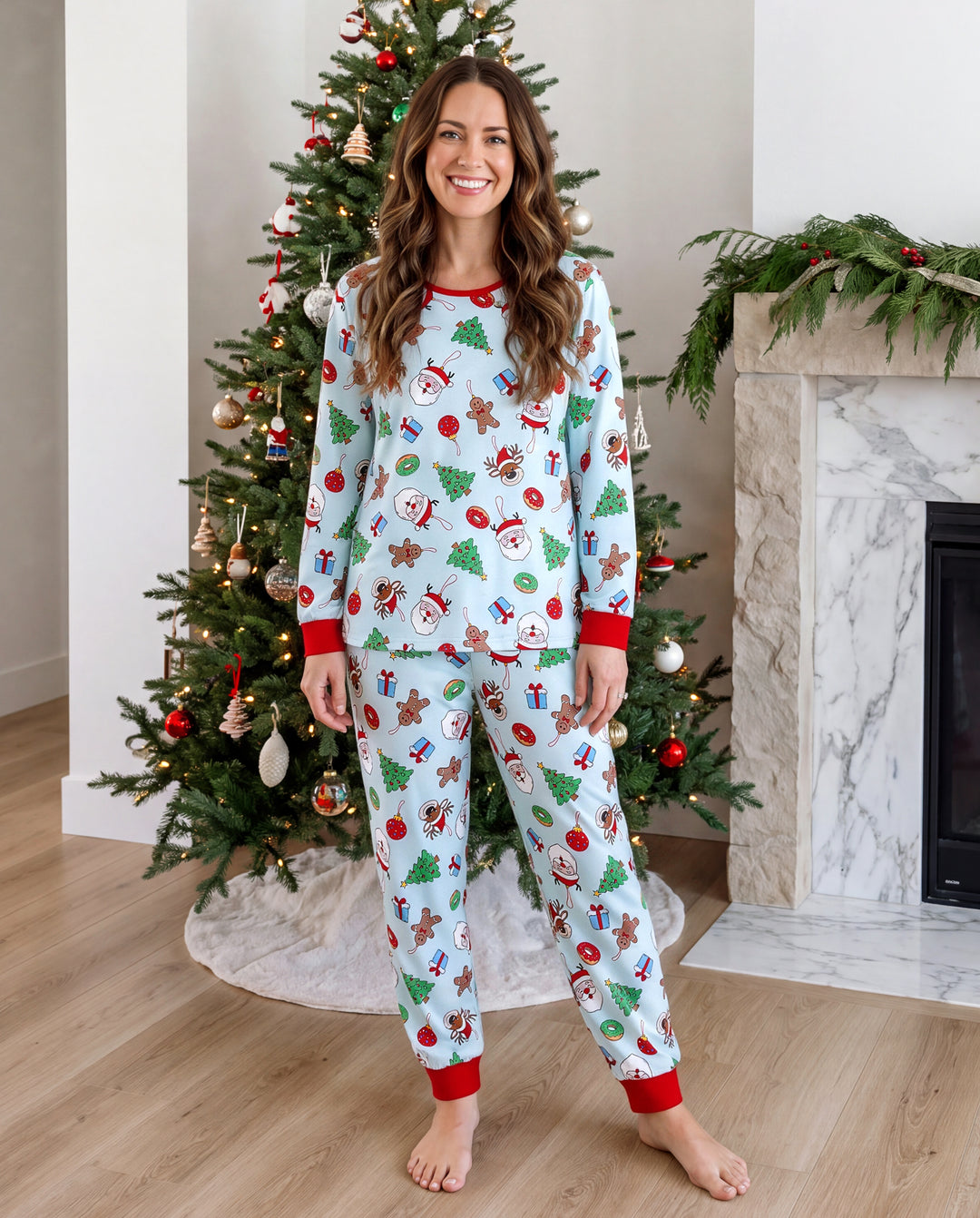 Pyjamas de Noël assortis pour toute la famille, imprimé Père Noël et sapins, vert