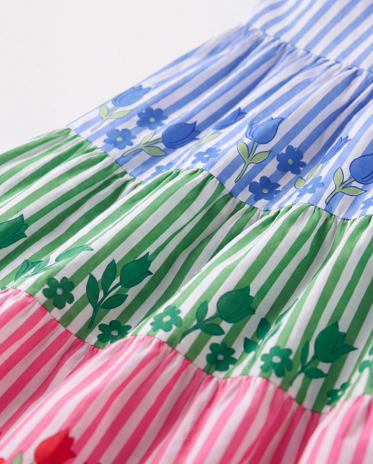 Fresh Market Toddler Girl Colorful Striped Floral Tiered Dress Multi-color