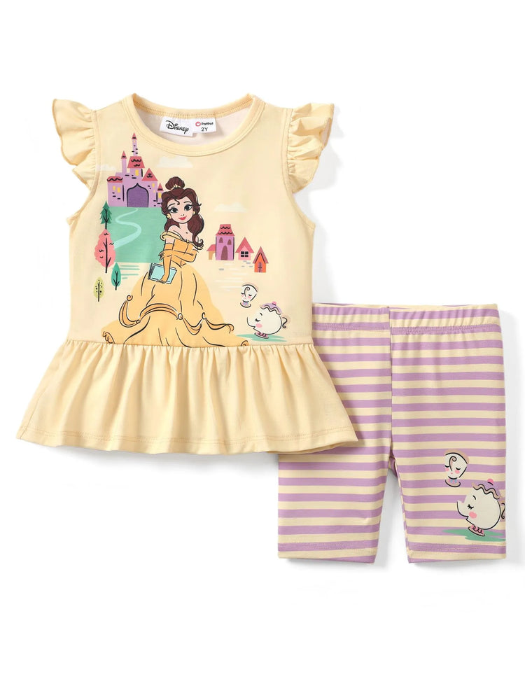 Disney Princess Toddler Girl 2pcs Naia™ Belle Print Ruffled Top with Stripped Leggings Set Yellow
