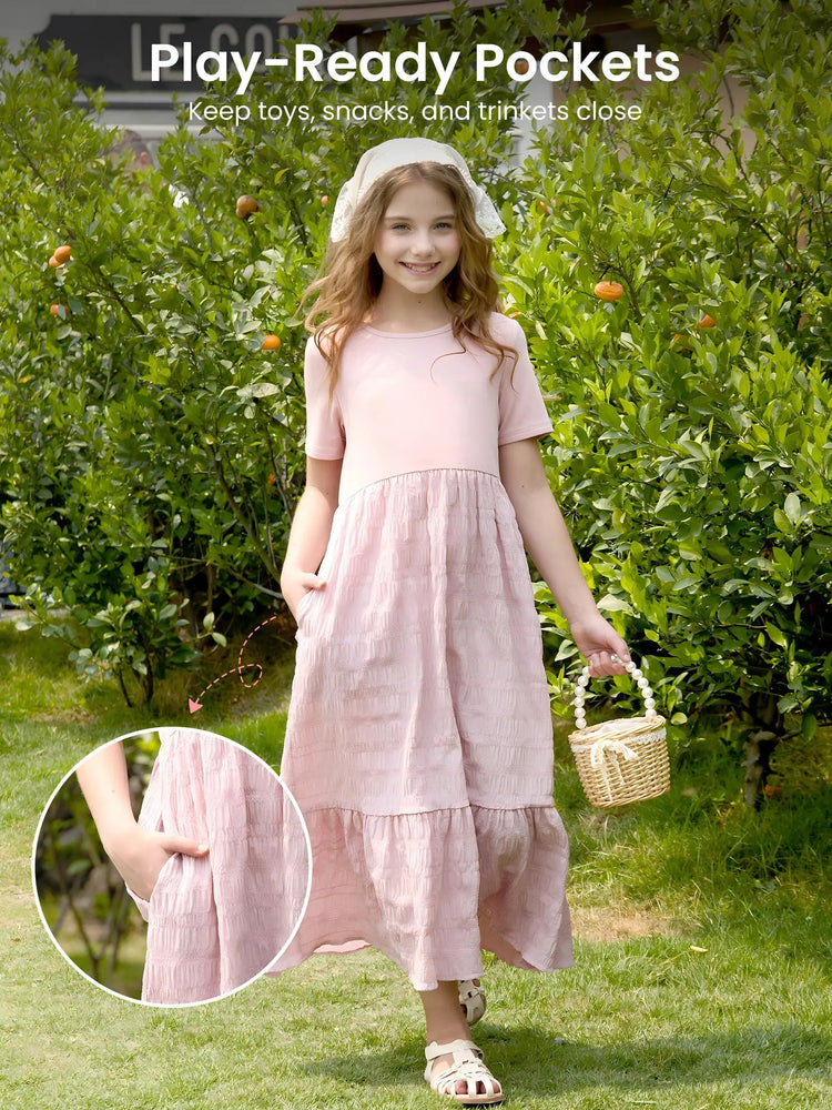 Kid Girl Ruffled Boho Casual Maxi Dress with Pockets Pink