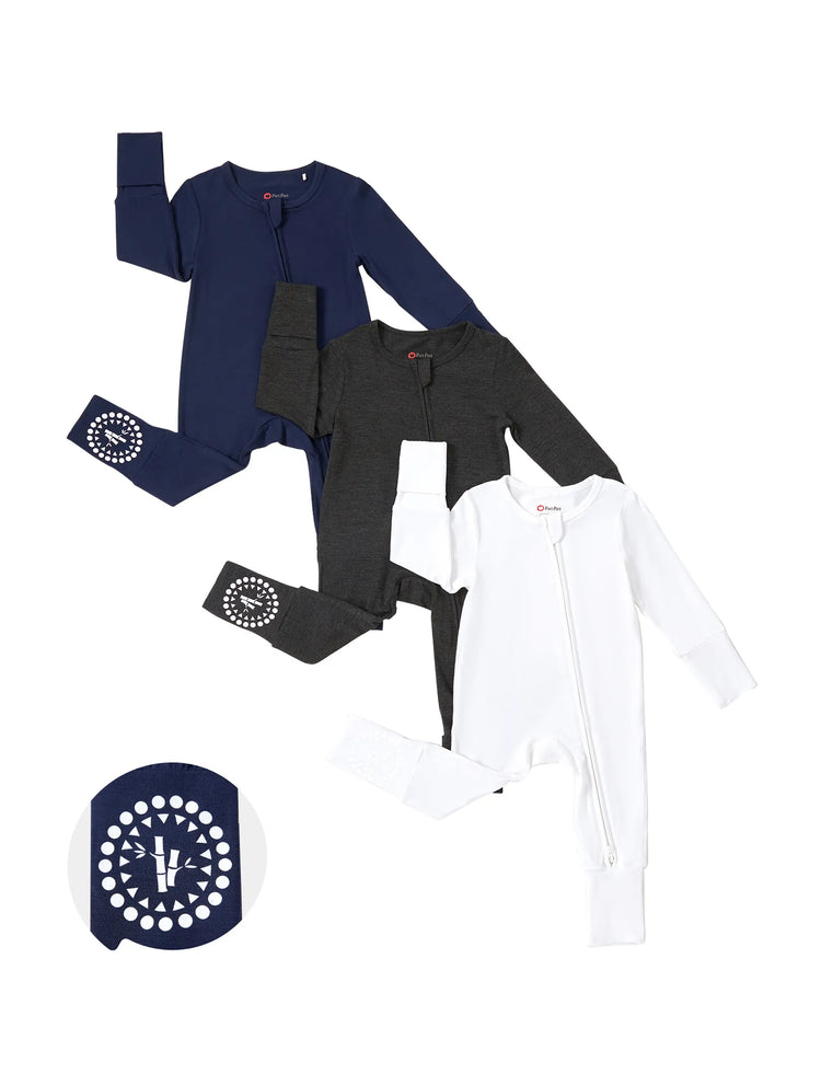 Pack de 3 calcetines de bambú para bebé niño/niña, con estampado liso y arcoíris, cremallera bidireccional, antideslizantes, de manga larga, azul oscuro