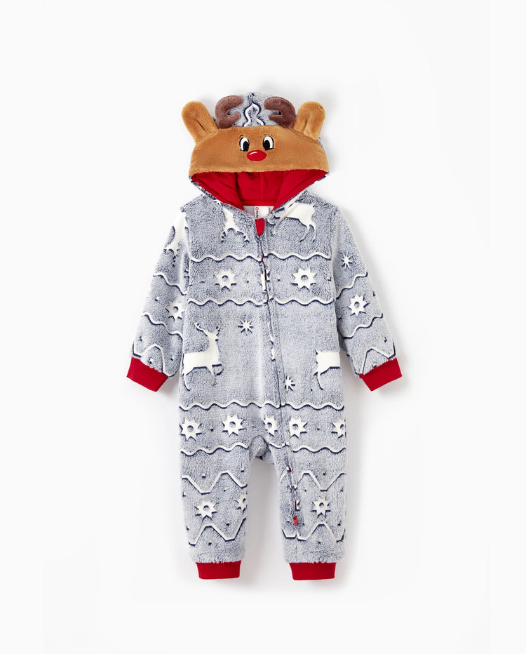 Christmas Onesies Matching Family Pajamas Set Reindeer Print Glow In The Dark PJS with Christmas Socks White/Gray