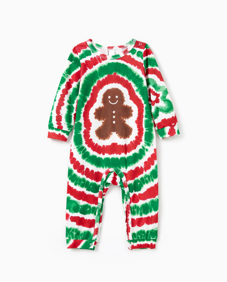 Ensemble pyjama de Noël familial rouge et vert motif bonhomme en pain d'épices tie-dye avec chaussettes de Noël multicolores