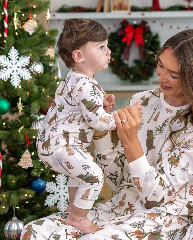 Christmas Matching Family Pajamas Woodland Print Beige