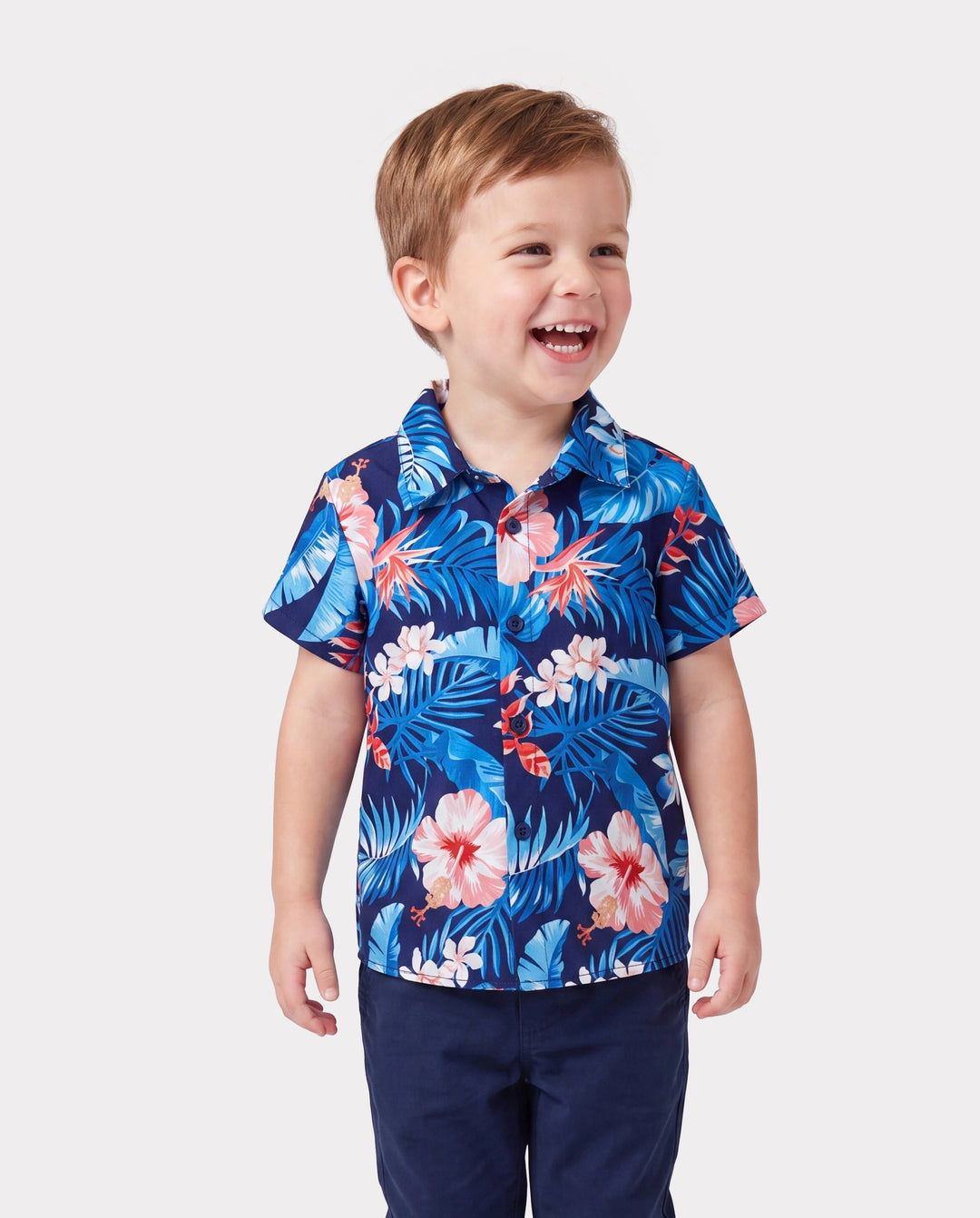Family Matching Vacation Set Tropical Floral Print Shirt or Halter Dresses for Dad, Mom, Kids & Baby, Perfect for Summer Holidays & Family Photos Deep Blue