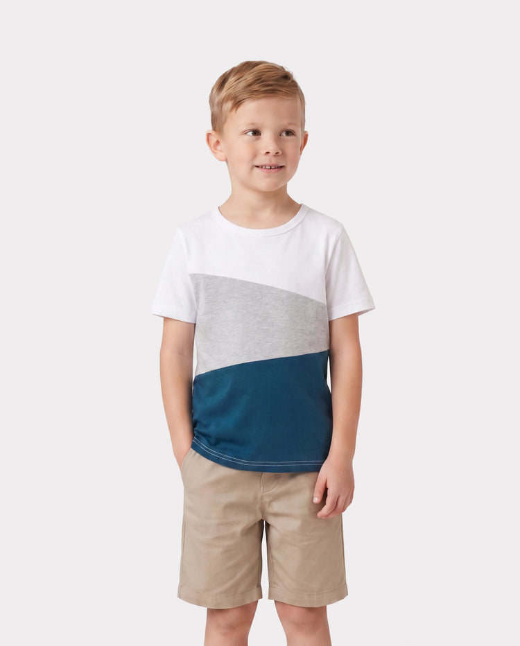 Family Matching Solid V Neck Flutter-sleeve Splicing Floral Print Dresses and Short-sleeve Colorblock T-shirts Sets Azure-