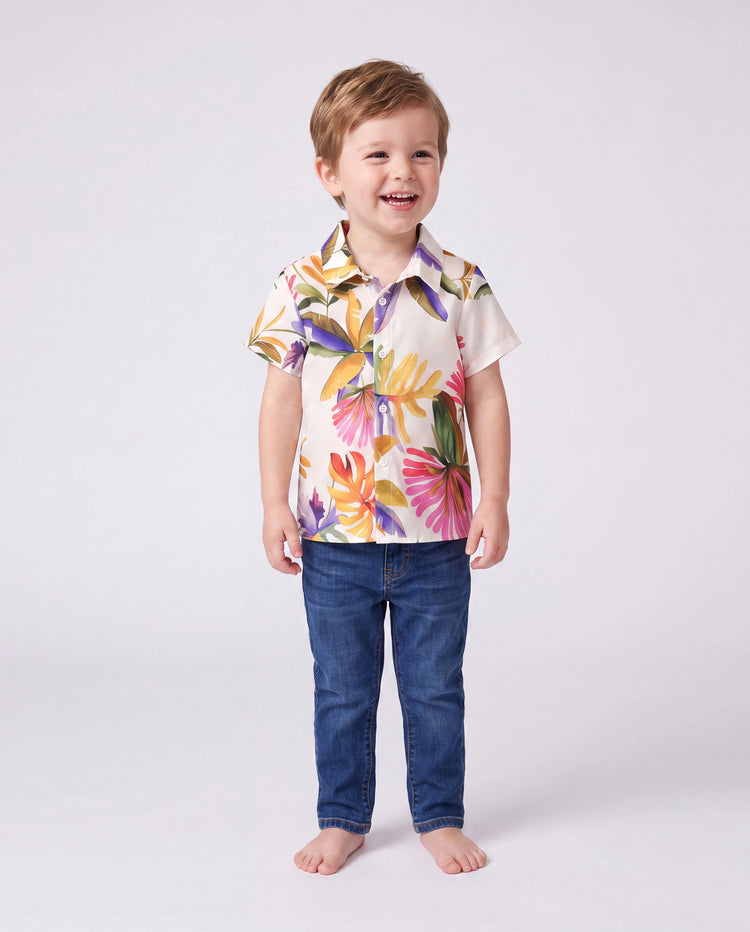 Family Matching Sets Tropical Floral V-Neck Dress & Short Sleeve Tee with Adjustable Straps Deep White Apricot