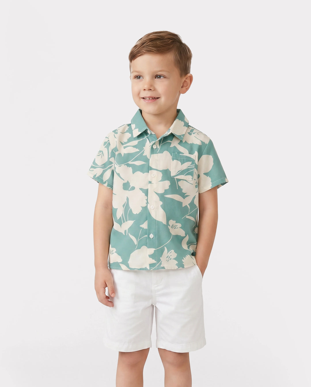 Family Matching Leaf Print Green Short-sleeve Shirt or Sling Shirred Dress Set Green