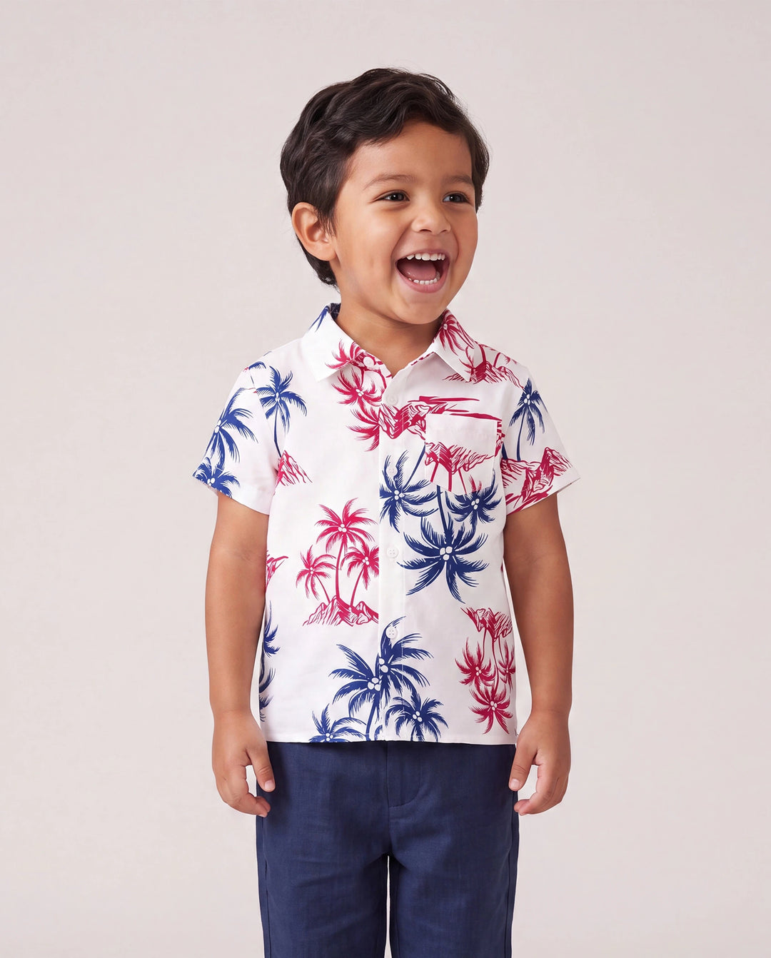 Independence Day Matching Family Outfits Red & Blue Palm Tree Print Hawaiian Vacation Clothes Summer Beach Shirt & Dress Set Multi-color