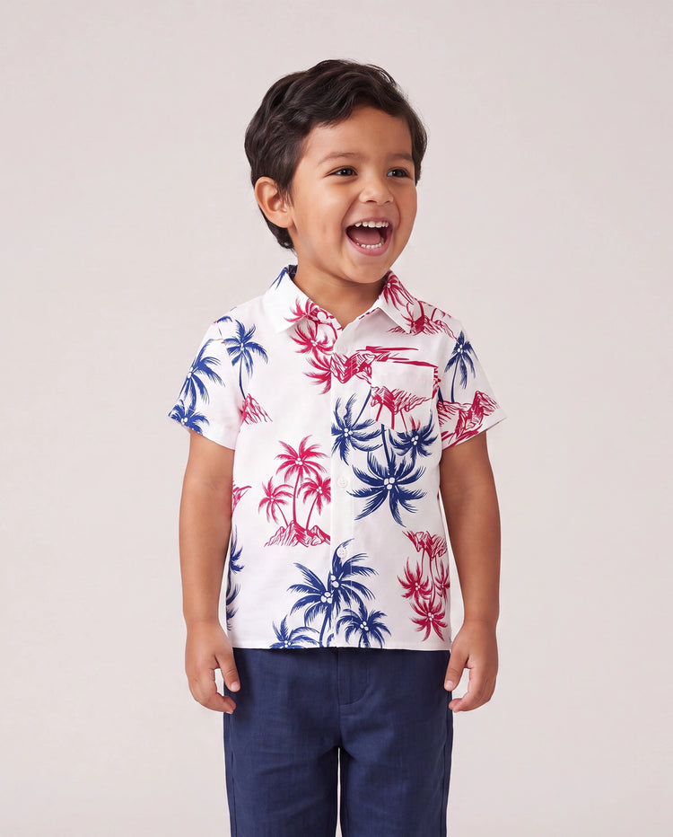 Independence Day Matching Family Outfits Red & Blue Palm Tree Print Hawaiian Vacation Clothes Summer Beach Shirt & Dress Set Multi-color