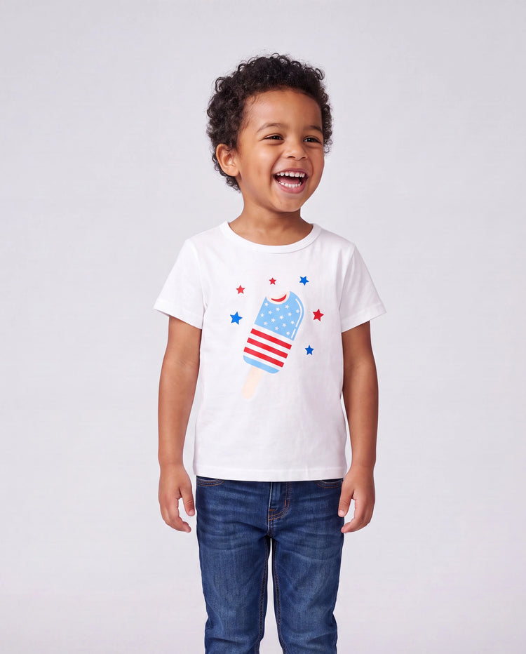 Independence Day Family Matching Patriotic Ice Cream Print Summer Cotton T-shirt & V-Neck Dresses White