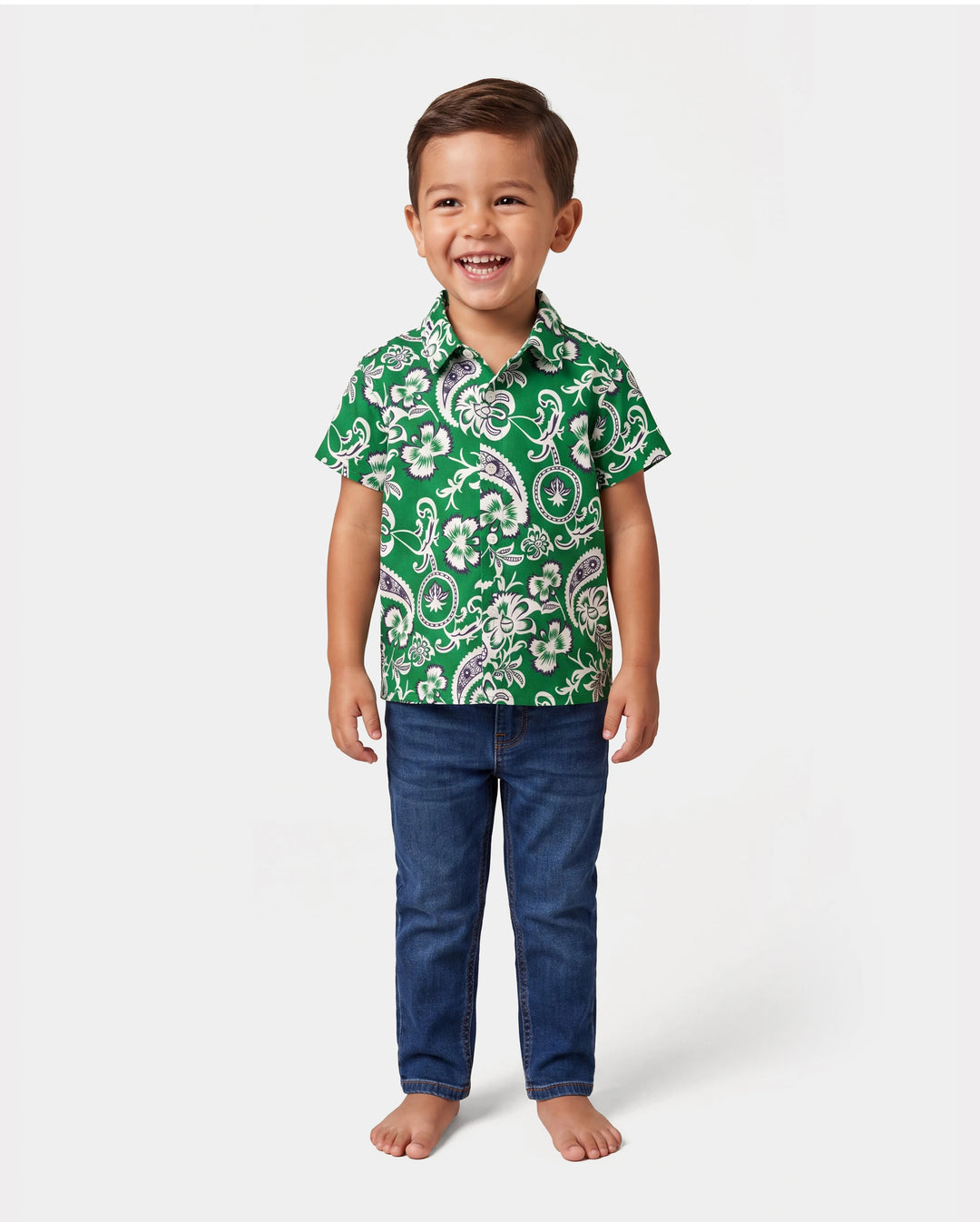 Family Matching Outfits Set Floral Print Short-sleeve Collar Shirt or Strappy Smocked  Dress for Summer Vacation  Green