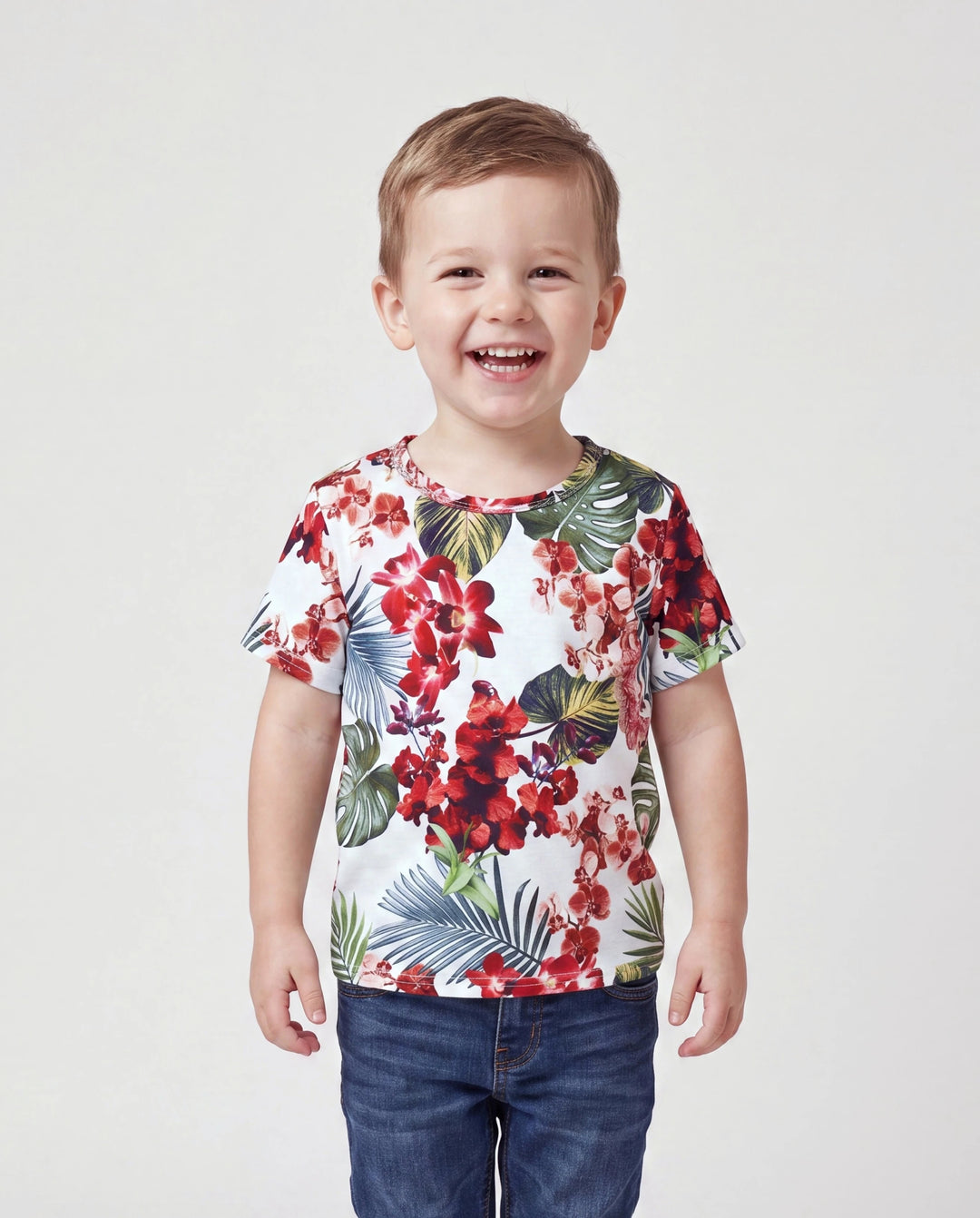 Mommy & me Floral Print Outfits Tropical Print Spaghetti Strap Body-con Dress for Mom & Daughter, Color-Blocked T-Shirts for Dad & Son Perfect for Summer Vacations & Family Photos Red