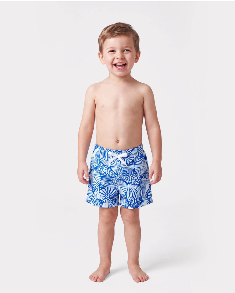 Matching Family Shell Print Swimwear Floral two-piece Bikini & Swim Shorts Set for Mom, Dad, & Kids, Perfect for Beach Days & Pool Parties Blue