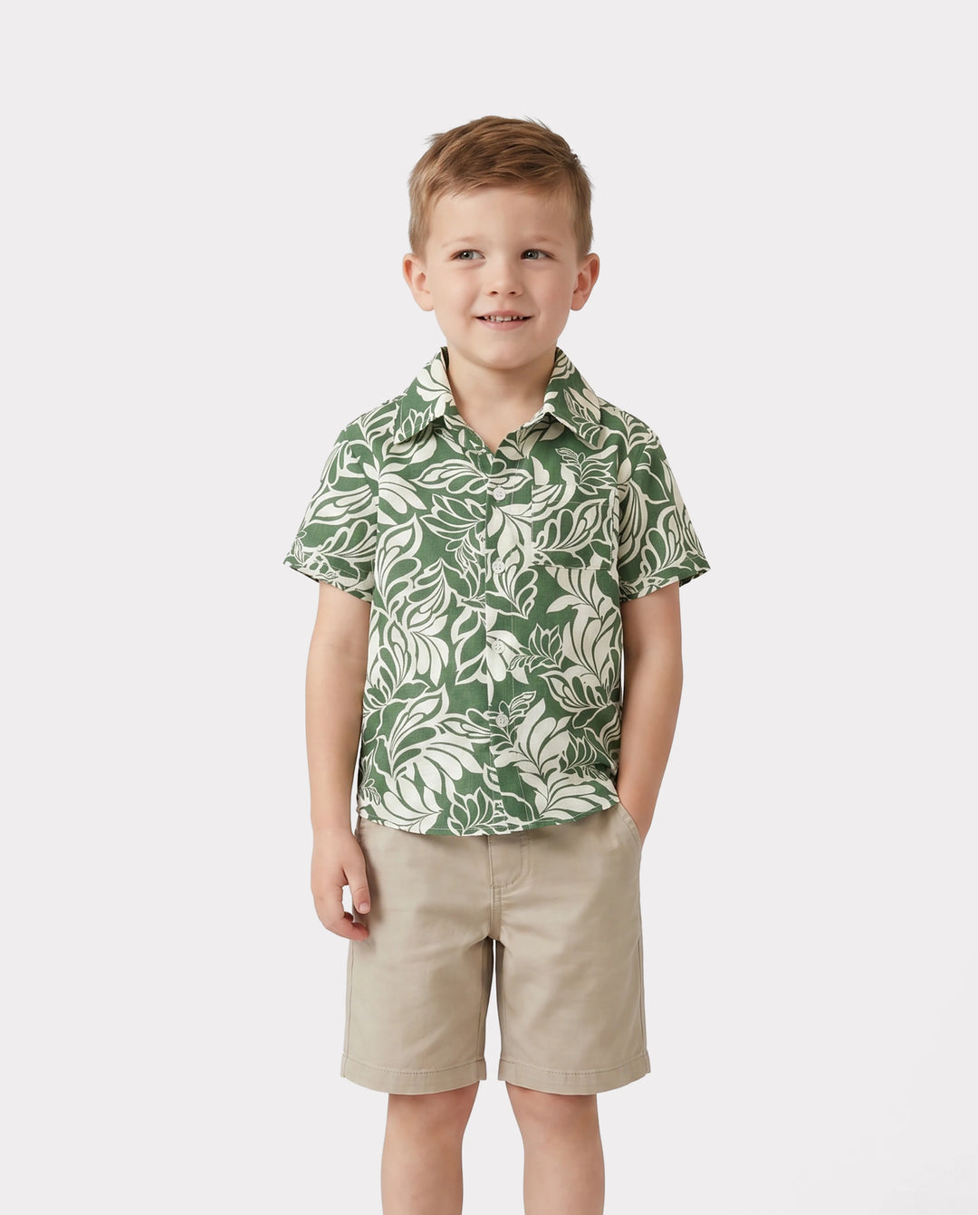 Family Matching Leaf Print Short-sleeve Shirt or Halter Dress Green Set Green