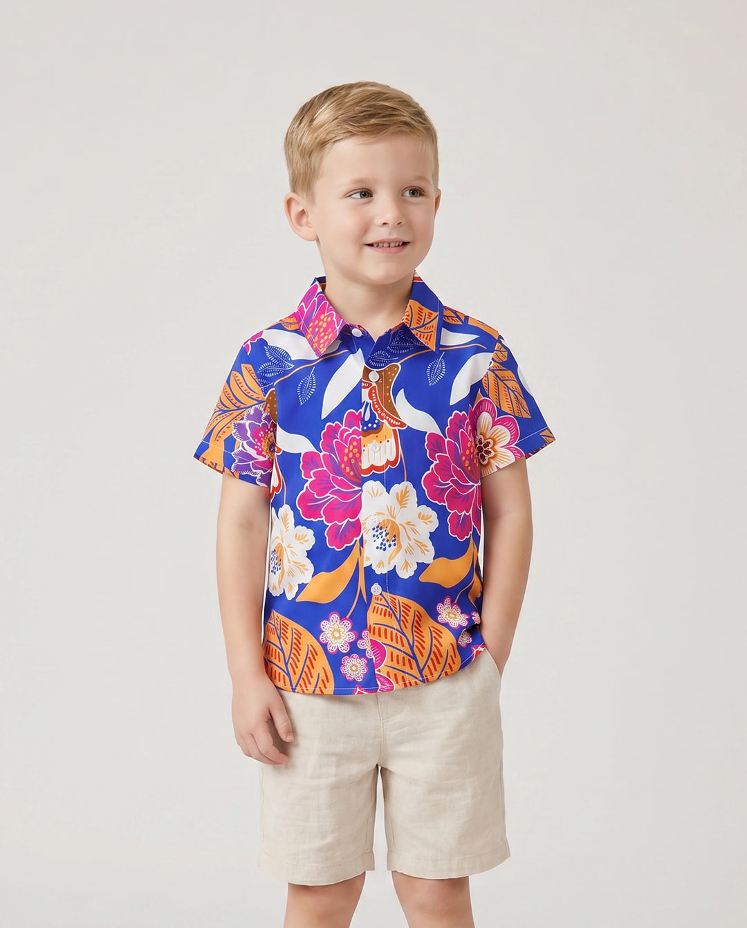 Tenues hawaïennes assorties pour la famille, vêtements de vacances à imprimé floral tropical, robe ceinturée à bretelles ou chemises à manches courtes, ensemble de vêtements de plage d'été bleu marine