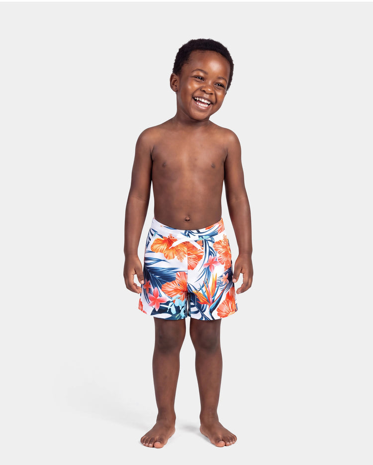 Passende Familien-Bademode Tropical Floral Bikini-Set mit Rüschentop für Mama & Tochter, Boardshorts für Papa & Sohn, Leuchtende Sommer-Strandoutfits Orange