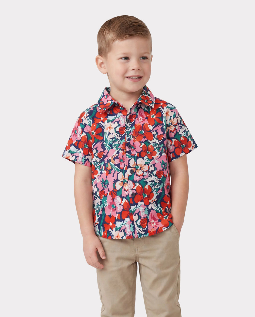 Family Matching Floral Print Short-sleeve Shirt or Off Shoulder Smocking Dresses Set Dark Blue