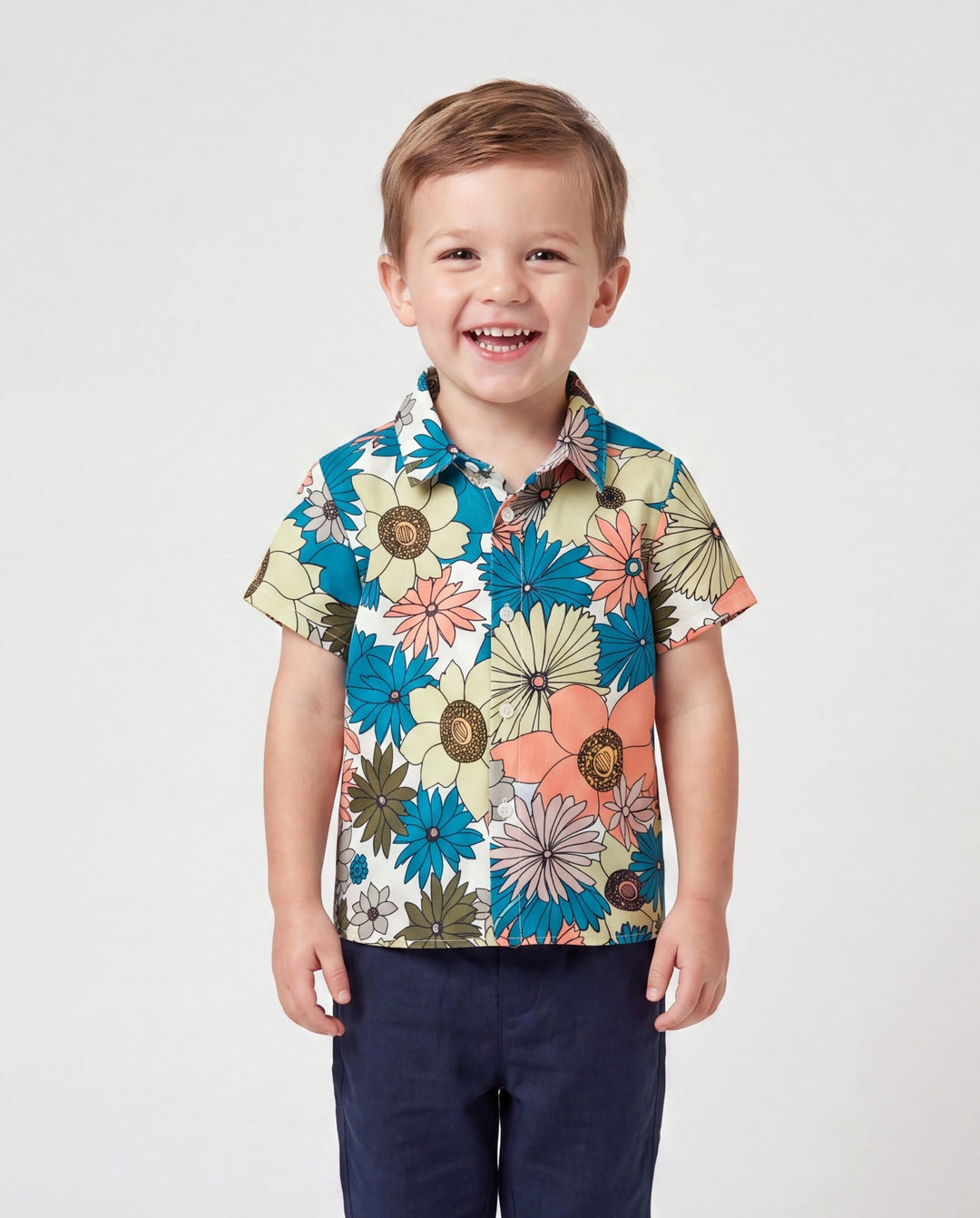 Mommy & me Set Sun Flower Print Short-sleeve Collar Shirt or White Camisole Top and Flower Wide-leg Pants Set for Summer Vacation Multi-color