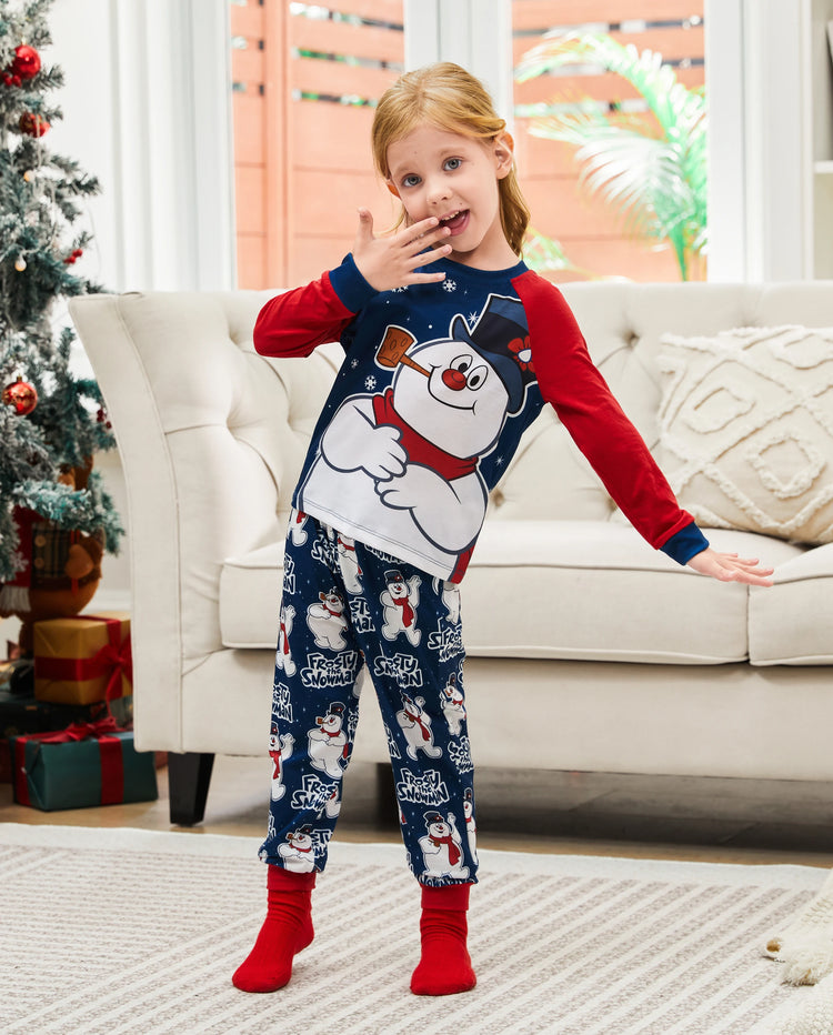 Frosty der Schneemann Weihnachtsfamilienpassend Farbblock Schlafanzug-Sets mit Weihnachtssocken