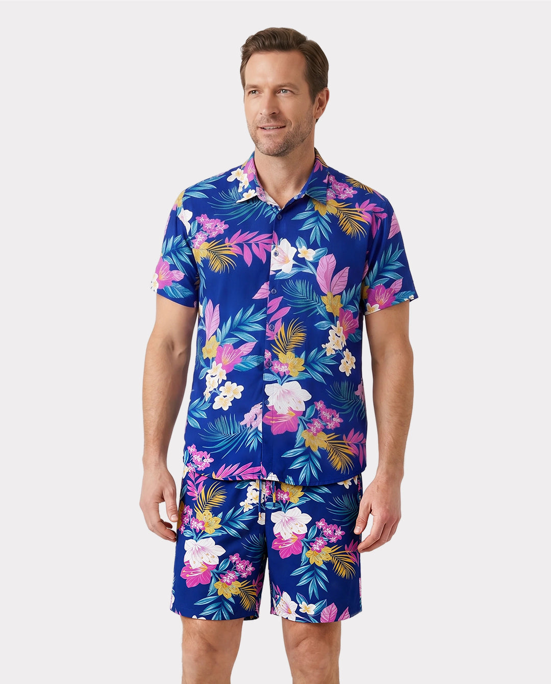 Conjuntos hawaianos familiares a juego: vestido de tirantes con estampado floral tropical o conjunto de camisa y pantalones cortos de manga corta, conjunto de ropa de playa de verano para vacaciones, azul profundo