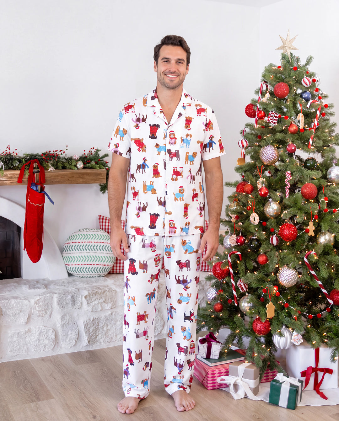 Christmas Matching Family Pajamas Festive Dog Print Red & White