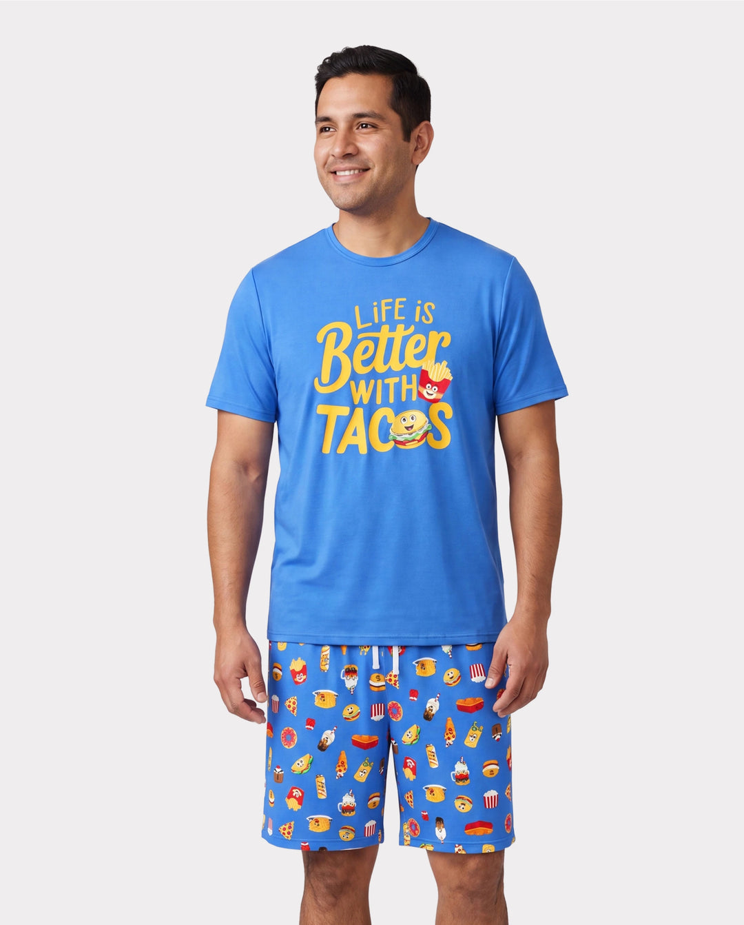 Pijamas de Bambú a Juego para la Familia Pijamas Suaves de Bambú para Hombres, Mujeres, Niños y Bebés, Pijama de Manga Corta con Estampado de Hamburguesa y Papas Fritas (Ajustado para Niños) Azul Real