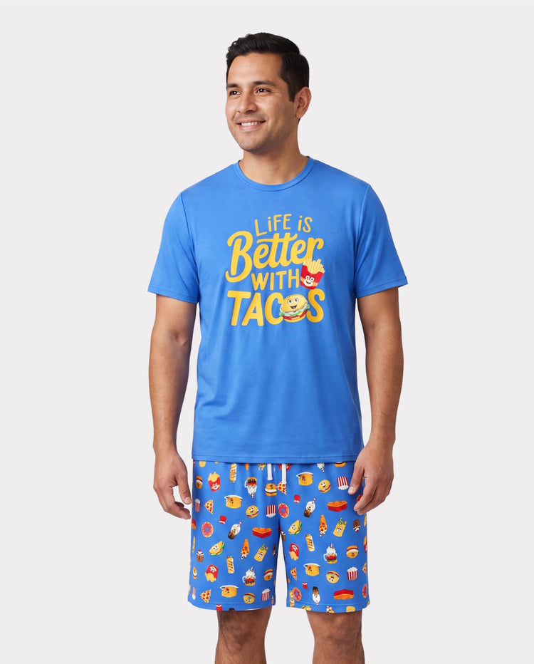 Pijamas de Bambú a Juego para la Familia Pijamas Suaves de Bambú para Hombres, Mujeres, Niños y Bebés, Pijama de Manga Corta con Estampado de Hamburguesa y Papas Fritas (Ajustado para Niños) Azul Real