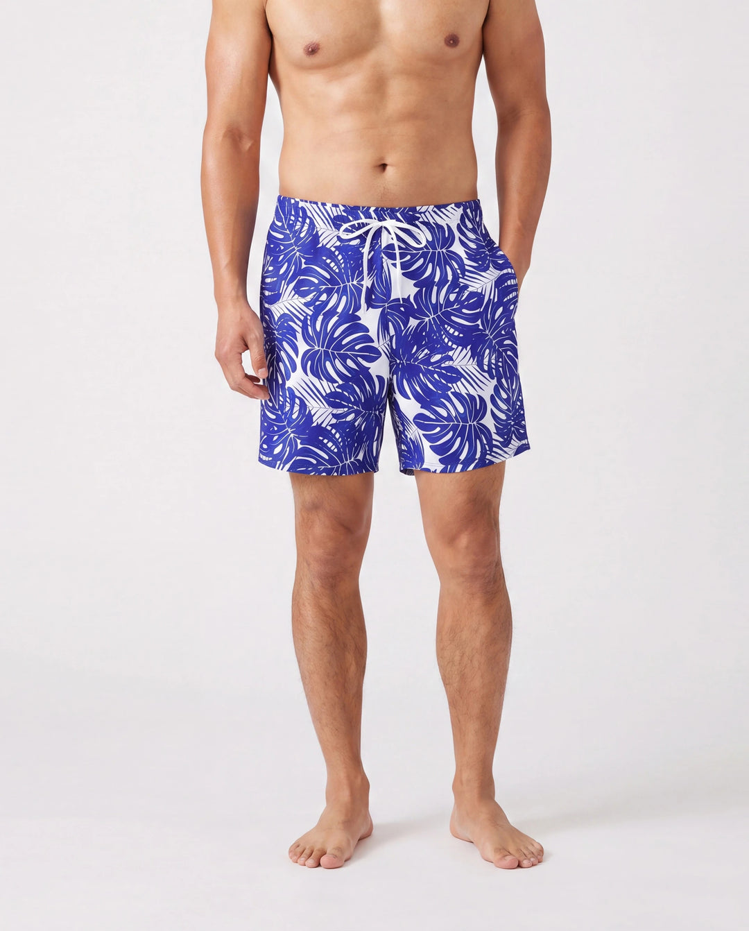 Family Matching Tropical Leaf Print Swim Trunks or Hollow-out Crisscross Straps One-piece Swimsuit Blue