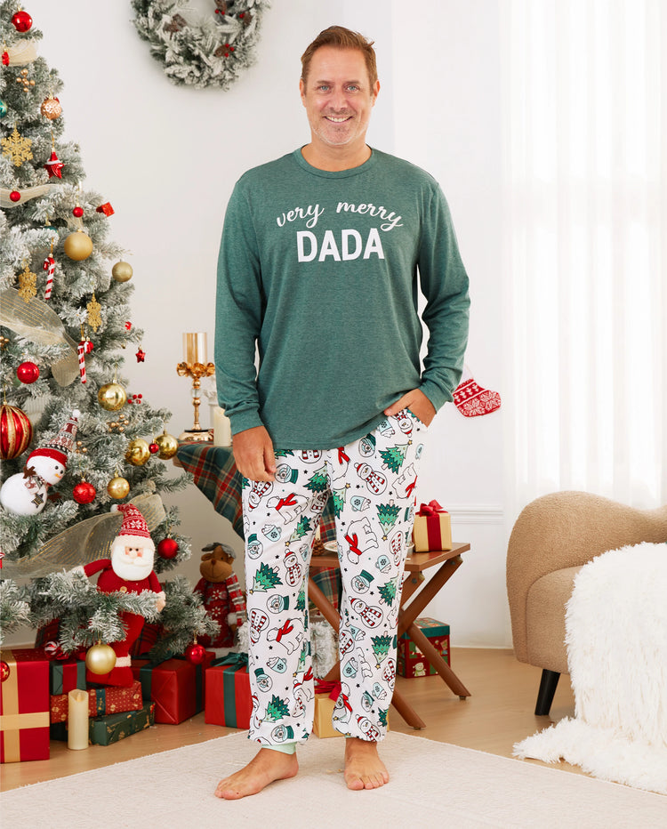 Pijama familiar navideño de manga larga con estampado de camisetas verdes alegres y pantalones con calcetines navideños (mediano, verde primavera)