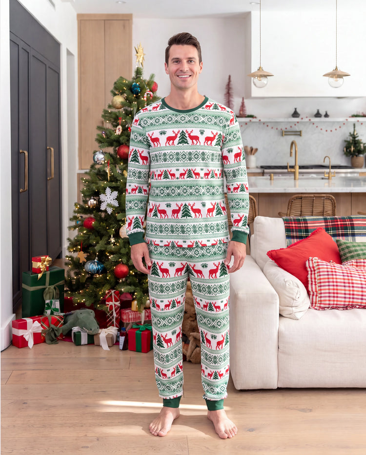 Christmas Matching Family Pajamas Fair Isle & Reindeer Print Green