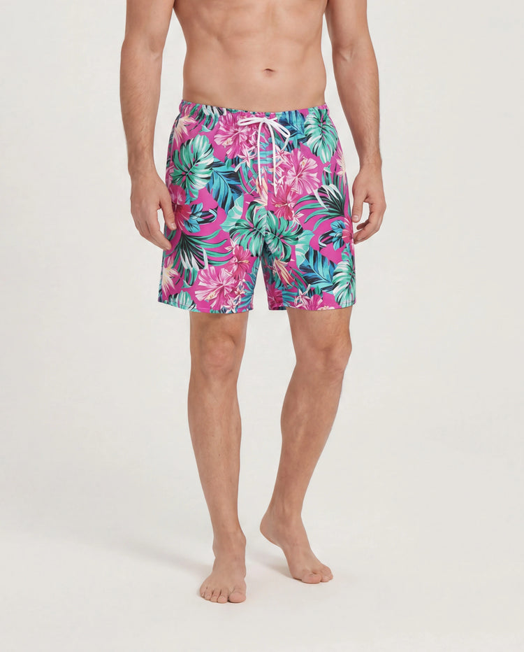 Family Matching Swimsuits Tropical Pink Leaf Print Halter One-Piece Swimwear or Swim Trunks Set Pink