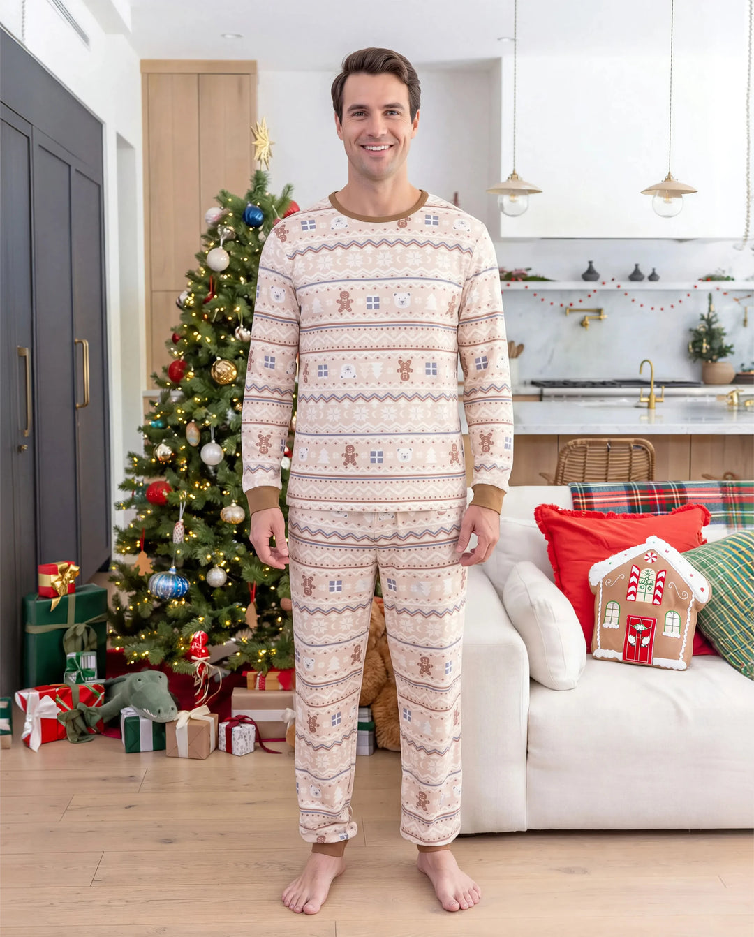 Christmas Matching Family Pajamas Cotton Fair Isle Print Khaki
