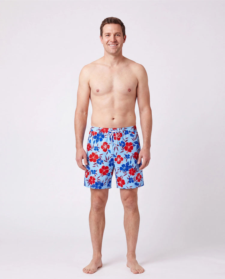Familien-Matching-Badebekleidung mit Blumenprint – Bikini- und Badehosen-Set für Mama, Papa und Kinder, perfekt für Sommertage am Strand und Poolpartys in Rot.
