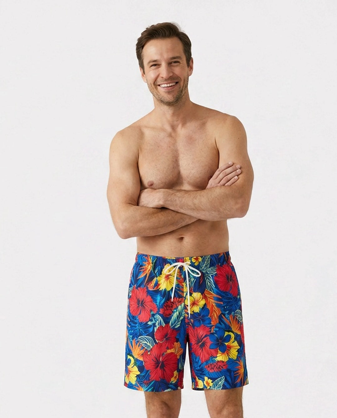 Conjunto de bañadores a juego en familia: bikini de flores con borde ondulado y tirantes y bañador, color block