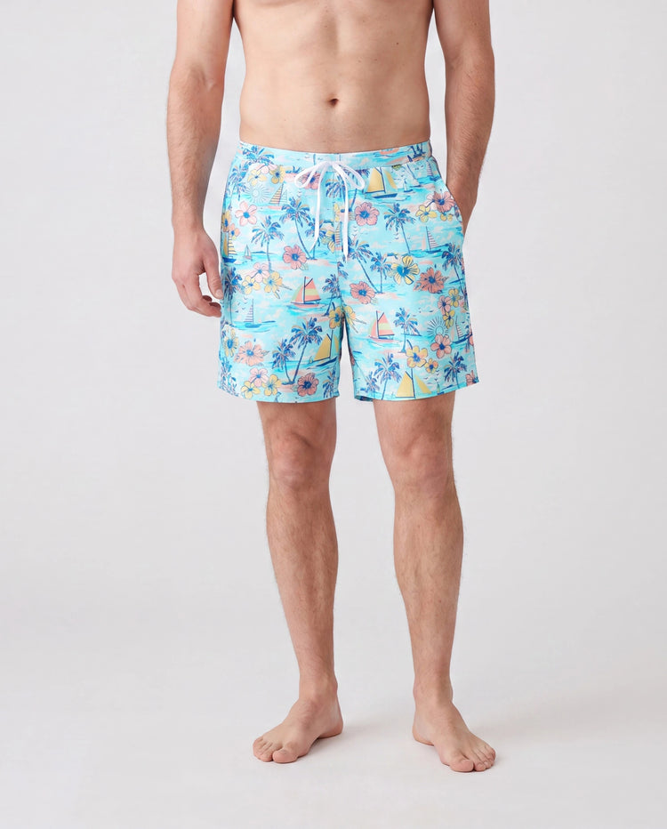 Maillots de bain assortis pour toute la famille à imprimé tropical, maillot une pièce à nouer devant pour maman, maillot deux pièces pour fille, ensemble short de bain pour papa & fils pour vacances d'été à la plage Bleu clair