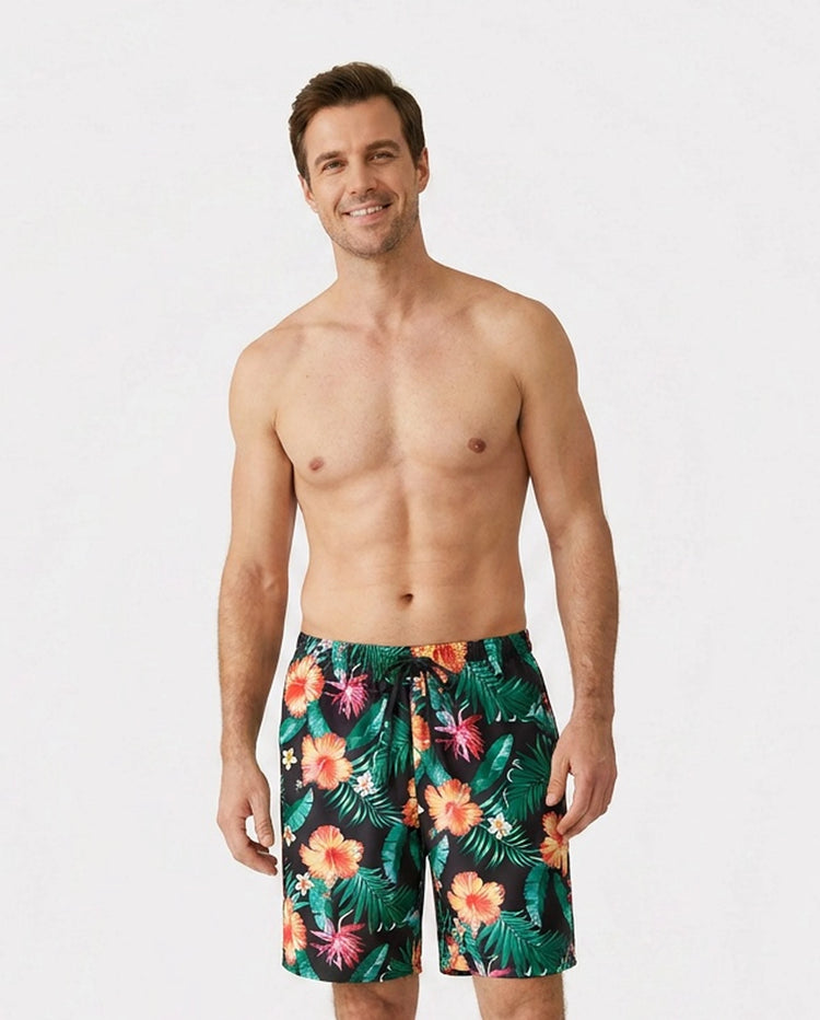 Ensemble maillots assortis famille à imprimé tropical – bikini col V et short de bain, couleur noir