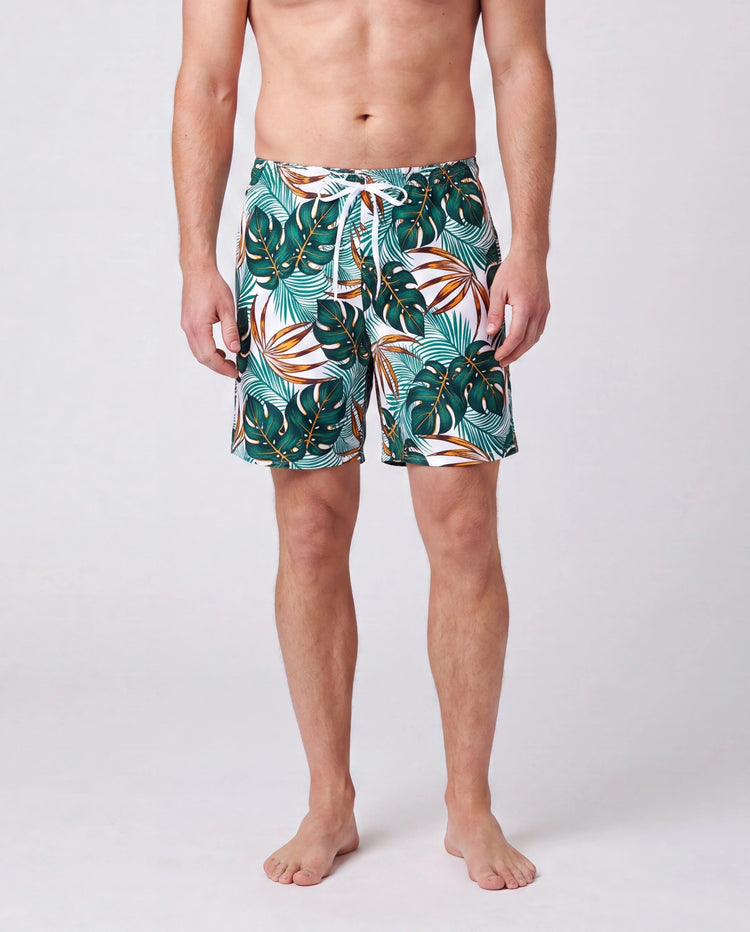 Family Matching Allover Plants Print Swim Trunks Shorts and V Neck Spaghetti Strap Splicing One-Piece Swimsuit Dark Green