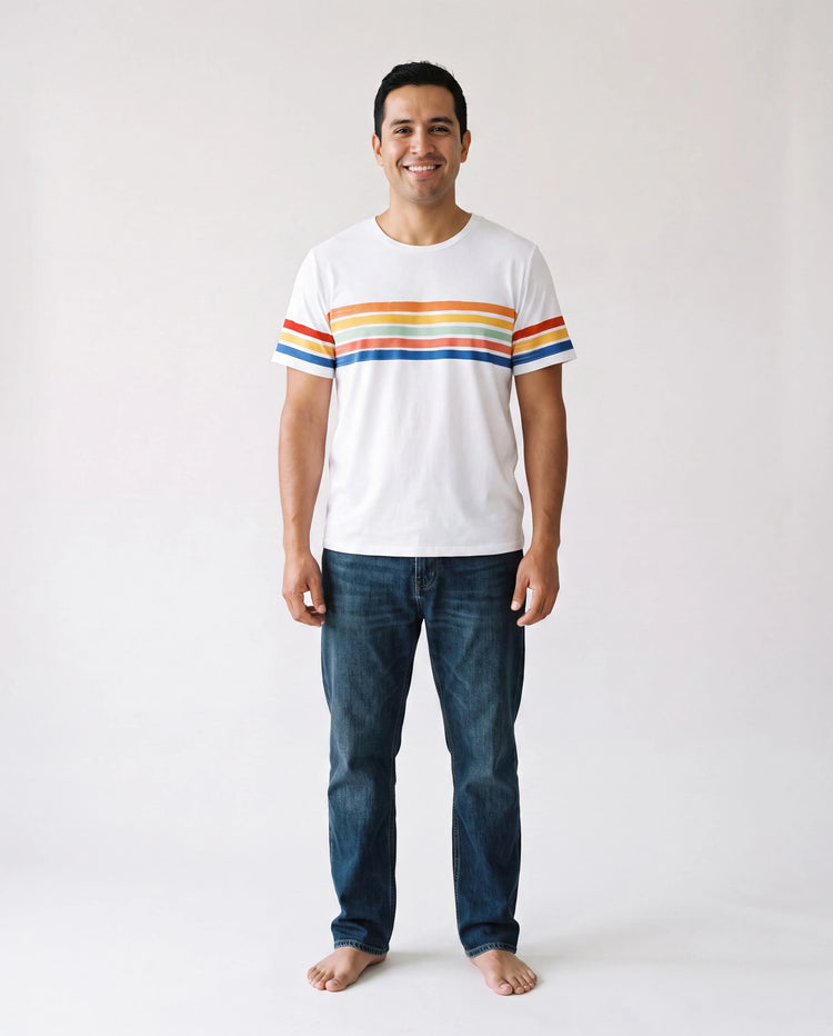 Family Matching Colorful Striped V Neck Flutter-sleeve Dresses and Short-sleeve T-shirts Sets COLOREDSTRIPES