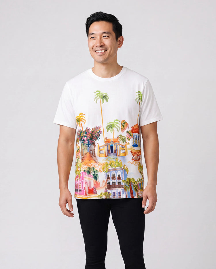 Family Matching Vacation Set Tropical Pineapple Coconut Tree Print Short-sleeve T-shirt or Hollow out Strap Dress for Summer Vacation  White