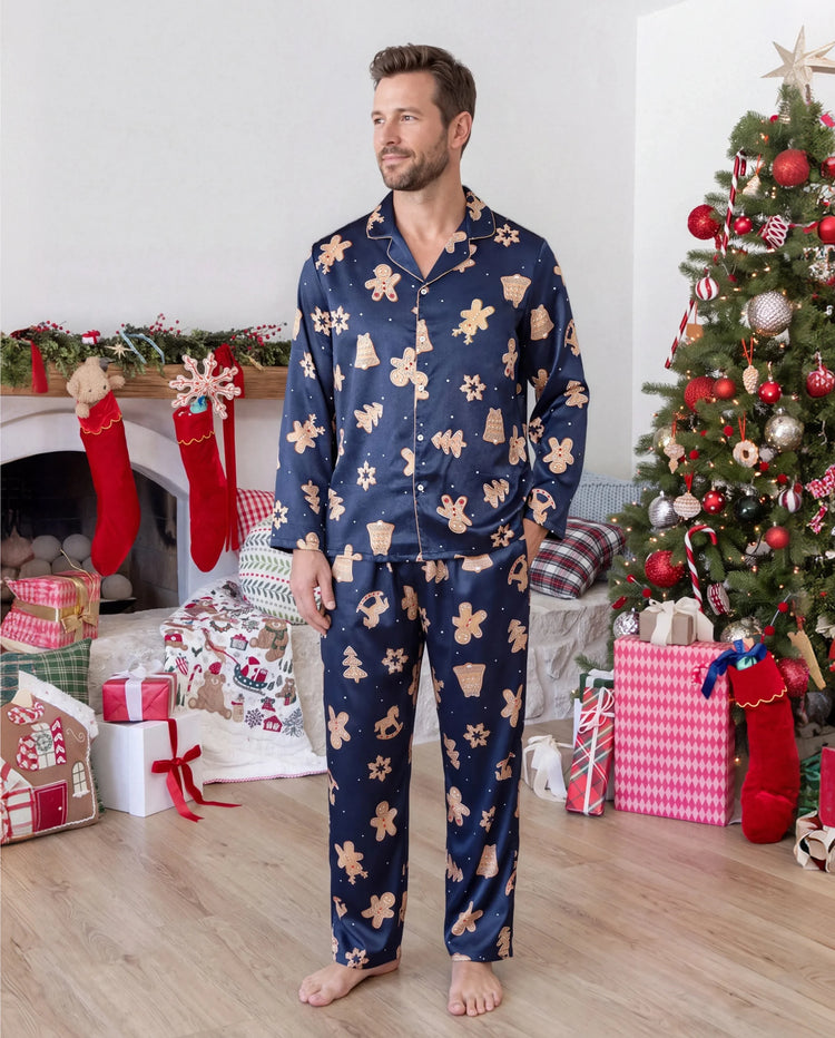 Christmas Matching Family Satin Pajamas Gingerbread Print Navy