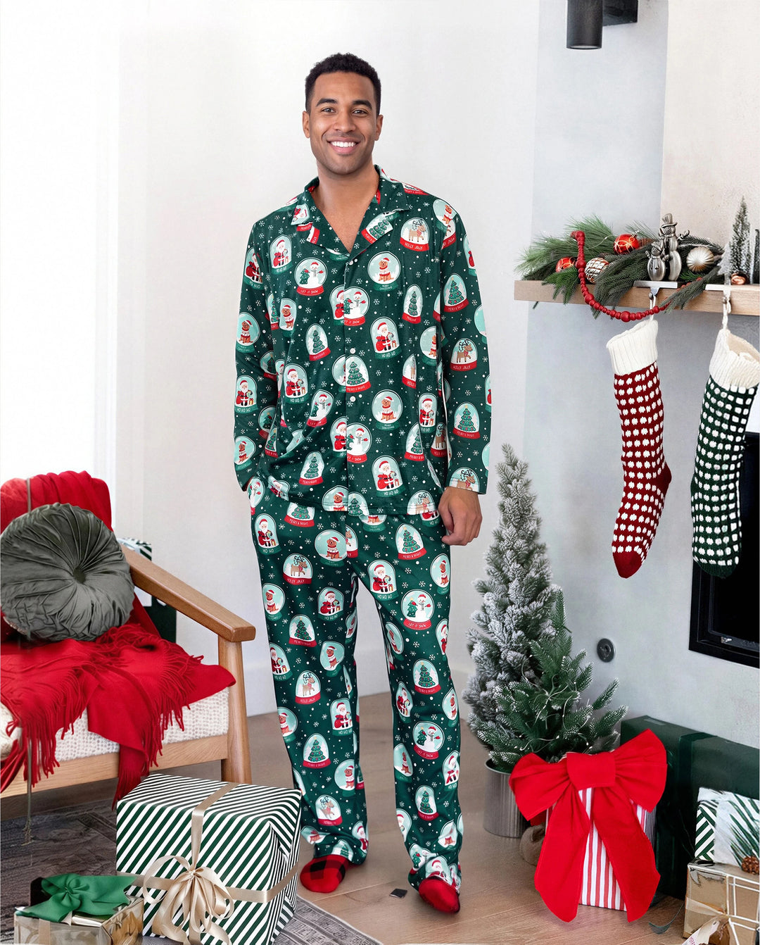 Christmas Matching Family Pajamas Snow Globe Print Dark Green